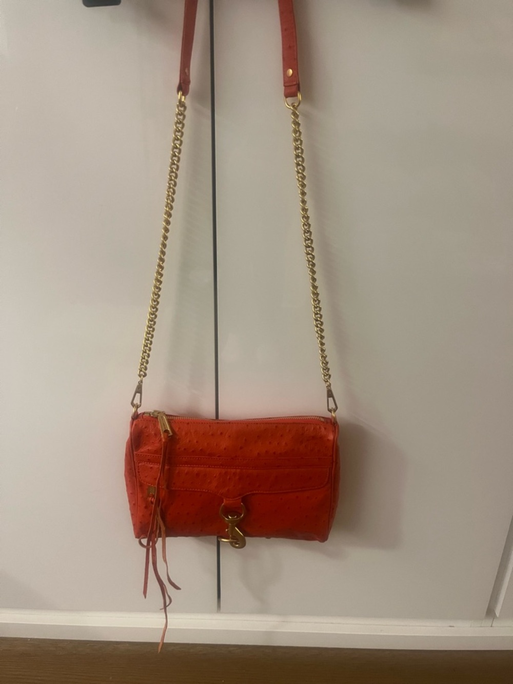 Rebecca Minkoff Orange Ostrich Crossbody Bag with Gold Chain Strap